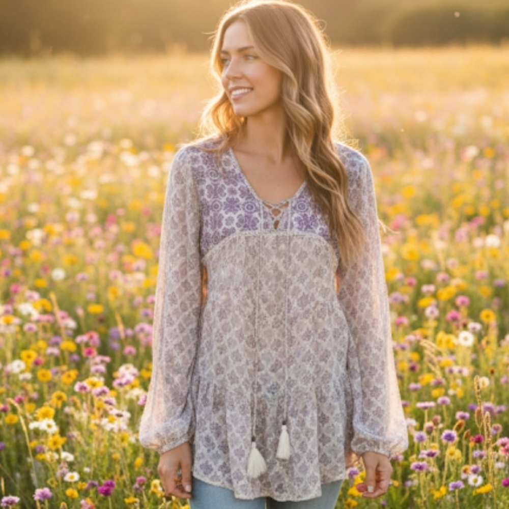 Jolt Womens Small Sheer Long Sleeve Boho Hippie Peasant Sleeves Tassels V Neck